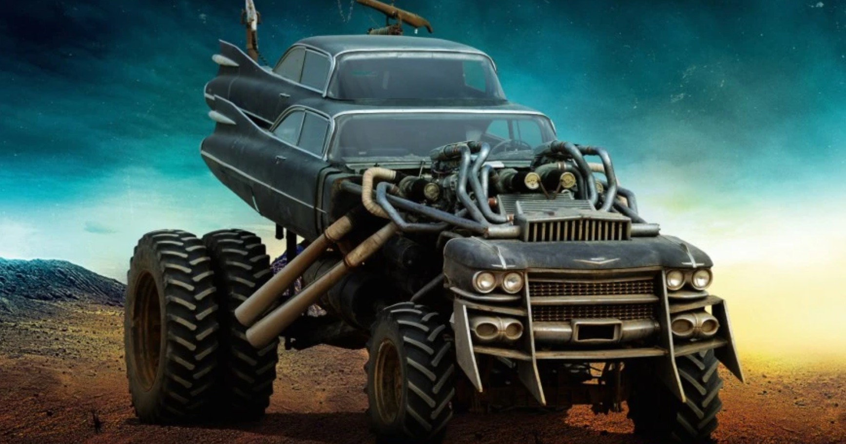 The Gigahorse from Mad Max: Fury Road — two 1959 Cadillacs stacked one above the other on a monster-truck chassis, with twin superchargers and exposed exhaust stacks