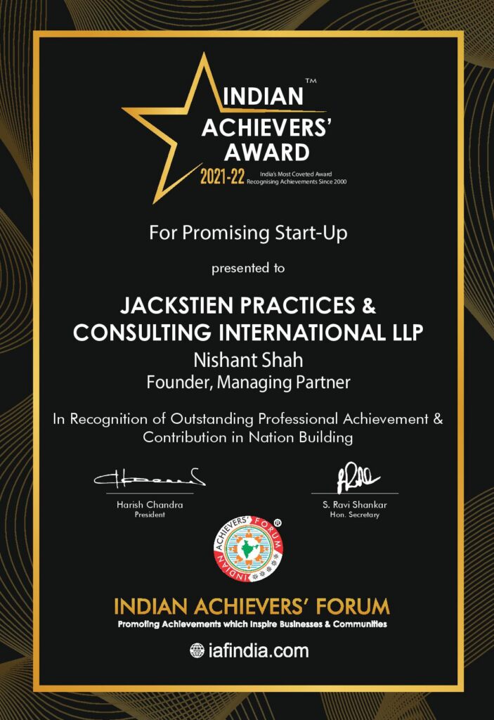 Indian Achievers' Award 2021-22 certificate for Most Promising Start-Up, presented to Jackstien Practices & Consulting International LLP, now Jackstien International LLP