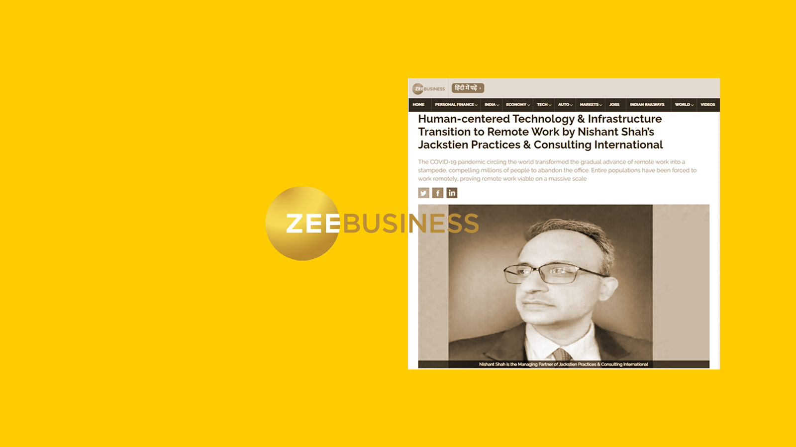 Zee Business’s published article on human-centred technology and the transition to remote work, shown with the Zee Business masthead
